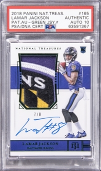 2018 Panini National Treasures Patch Autograph Green Jersey Number #165 Lamar Jackson Signed Patch Rookie Card (#7/8) - PSA Authentic, PSA/DNA 10